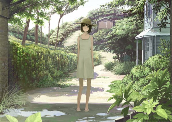 Anime picture 1500x1060 with original domo1220 single looking at viewer short hair standing bare shoulders green eyes sky shadow dark hair girl dress plant (plants) hat tree (trees) headdress leaf (leaves) grass branch
