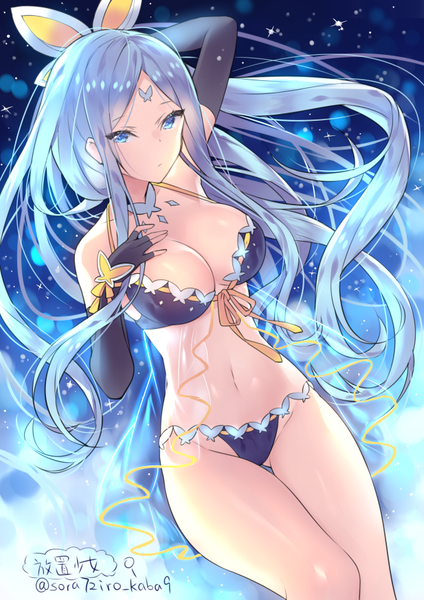Anime picture 617x874 with houchi shoujo original daikyou (houchi shoujo) touwa nikuman single long hair tall image looking at viewer breasts blue eyes light erotic large breasts blue hair underwear only hand on chest ass visible through thighs arm behind head girl gloves navel