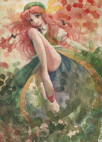 Anime picture 899x1254 with touhou hong meiling misawa hiroshi single long hair tall image looking at viewer smile green eyes red hair braid (braids) twin braids chinese clothes spread arms traditional media watercolor (medium) girl beret