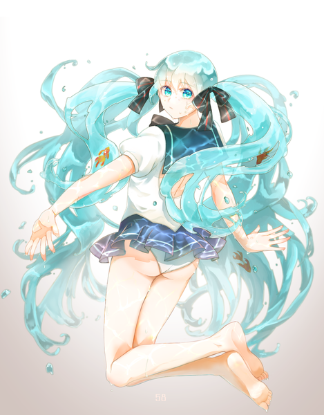 Anime picture 954x1219 with vocaloid hatsune miku bottle miku 58 (scbaby) single tall image light erotic twintails very long hair looking back barefoot aqua eyes aqua hair bare legs skirt lift liquid hair girl skirt underwear panties