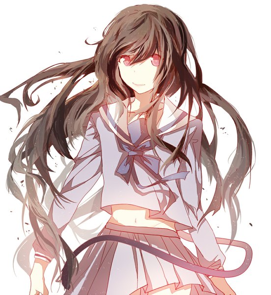 Anime picture 920x1000 with noragami studio bones iki hiyori centau single long hair tall image looking at viewer fringe simple background smile red eyes brown hair white background tail bare belly groin messy hair girl navel
