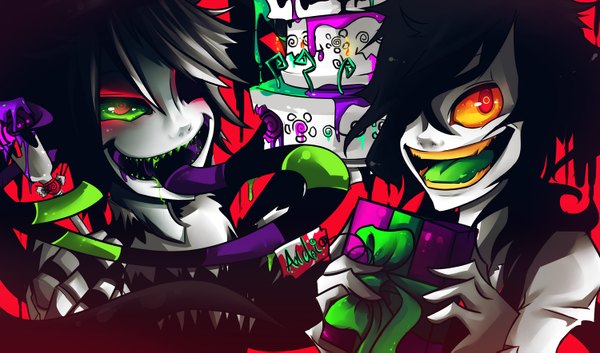 Anime picture 1500x883 with original zombiekunoichi fringe open mouth black hair wide image green eyes hair over one eye orange eyes multicolored eyes crazy sweets tongue gift cake