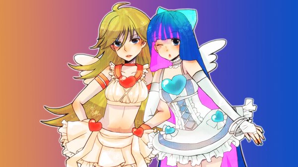 Anime picture 1920x1080 with panty & stocking with garterbelt anarchy stocking anarchy panty long hair blush highres blonde hair wide image multiple girls purple hair ahoge one eye closed multicolored hair wink midriff grin colored inner hair hands on hips girl skirt