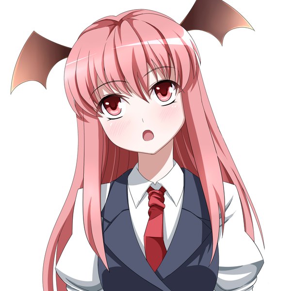 Anime picture 2362x2362 with touhou koakuma eo (artist) single long hair blush highres open mouth simple background white background pink hair pink eyes head wings girl