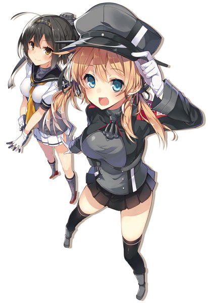 Anime picture 800x1164 with kantai collection prinz eugen (kantai collection) akizuki destroyer mishima kurone long hair tall image looking at viewer blush short hair open mouth blue eyes black hair simple background blonde hair white background twintails multiple girls brown eyes ahoge pleated skirt