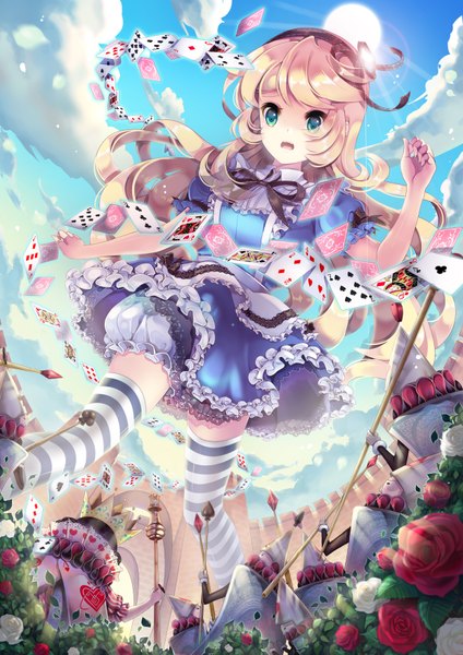 Anime picture 2480x3508 with alice in wonderland alice (wonderland) agrt single long hair tall image highres open mouth blonde hair green eyes cloud (clouds) girl thighhighs dress flower (flowers) rose (roses) striped thighhighs card (cards)