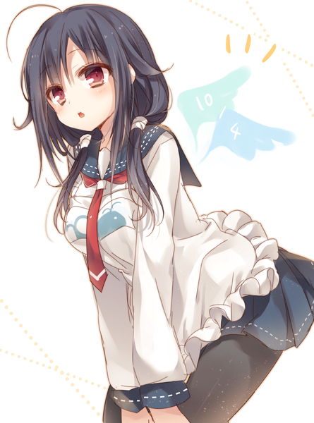 Anime picture 752x1013 with kantai collection taigei light aircraft carrier komeshiro kasu single long hair tall image looking at viewer blush open mouth black hair red eyes white background twintails ahoge low twintails fake wings girl uniform pantyhose wings