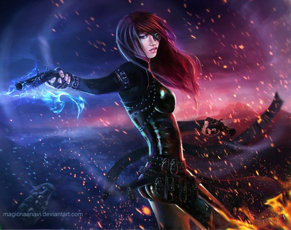 Anime picture 1000x794 with guild wars 2 engineer diva magicnaanavi single long hair looking at viewer blue eyes signed red hair watermark girl weapon gun bodysuit eyepatch fire pistol grenade