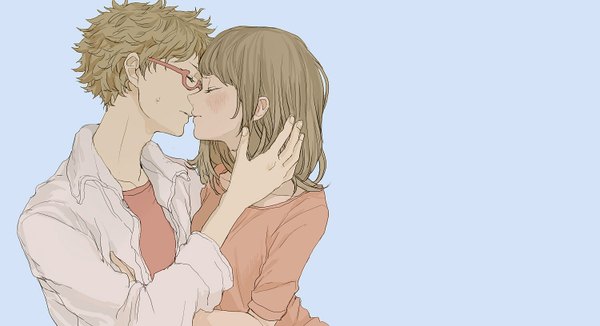 Anime picture 1500x816 with dohi (bonno) blush short hair simple background brown hair wide image eyes closed couple hand on head kiss girl boy shirt glasses t-shirt