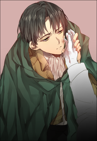 Anime picture 900x1300 with shingeki no kyojin production i.g levi (rivaille) koko (kotobutyann) single tall image short hair black hair simple background brown eyes looking away holding hands sad boy cape hand