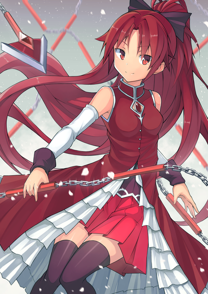 Anime picture 744x1052 with mahou shoujo madoka magica shaft (studio) sakura kyouko mzrz single long hair tall image looking at viewer red eyes ponytail red hair light smile girl thighhighs bow black thighhighs hair bow detached sleeves chain