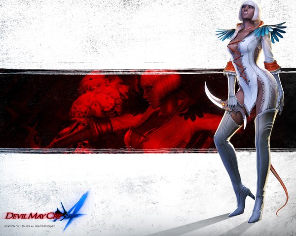 Anime picture 1280x1024 with devil may cry gloria single short hair blue eyes white hair lips realistic dark skin girl gloves elbow gloves thigh boots bodysuit knife