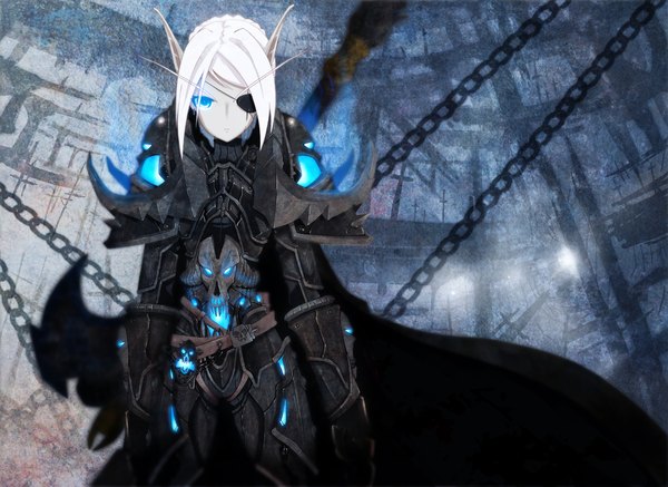 Anime picture 2000x1458 with world of warcraft blizzard entertainment blood elf auer highres short hair blue eyes white hair pointy ears elf girl armor chain cloak eyepatch