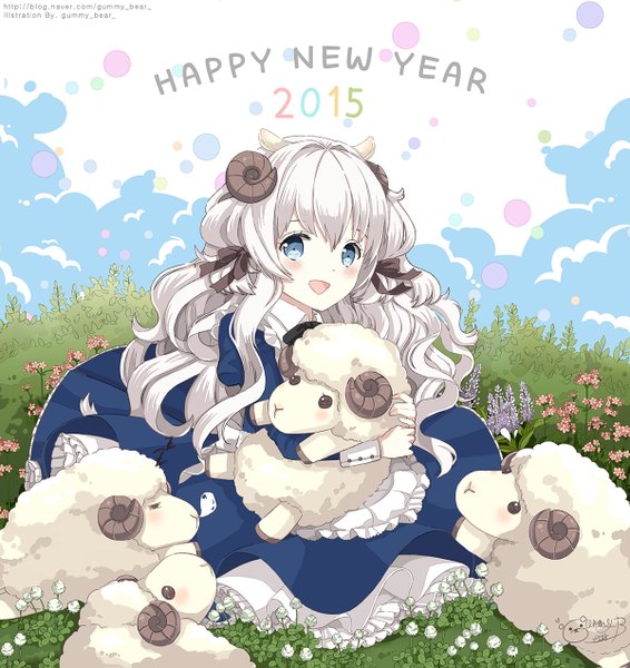 Anime picture 1200x1271 with original jellybear single long hair tall image looking at viewer blush fringe open mouth blue eyes sitting signed white hair horn (horns) new year happy new year 2015 sheep girl sheep ears girl