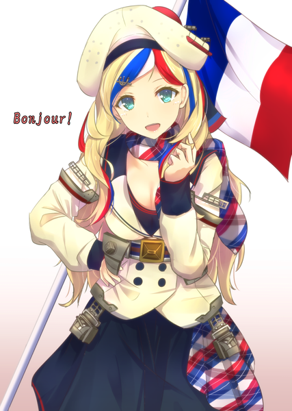 Anime picture 711x1000 with kantai collection commandant teste (kantai collection) cuon (kuon) single long hair tall image looking at viewer open mouth blonde hair simple background cleavage multicolored hair aqua eyes inscription streaked hair hand on hip gradient background adjusting hair girl belt