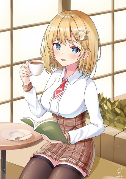 Anime picture 2893x4092 with virtual youtuber hololive hololive english watson amelia azusa010318 single tall image looking at viewer blush fringe highres short hair breasts open mouth blue eyes blonde hair smile sitting holding signed