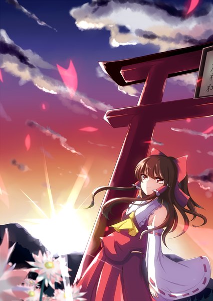 Anime picture 1504x2124 with touhou hakurei reimu soramuko single long hair tall image black hair red eyes cloud (clouds) evening sunset miko girl skirt flower (flowers) bow hair bow detached sleeves skirt set torii