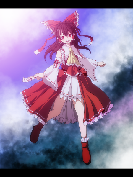 Anime picture 1200x1600 with touhou hakurei reimu s-syogo single long hair tall image open mouth black hair red eyes miko girl bow hair bow detached sleeves
