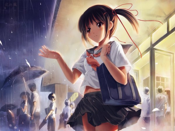 Anime picture 1000x750 with original kantarou 01 short hair black hair red eyes twintails short twintails rain girl skirt uniform ribbon (ribbons) hair ribbon school uniform miniskirt serafuku umbrella