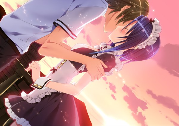 Anime picture 1024x725 with friends (game) blush short hair blue hair game cg eyes closed maid couple evening sunset kiss girl boy hair ornament headdress hairclip maid headdress