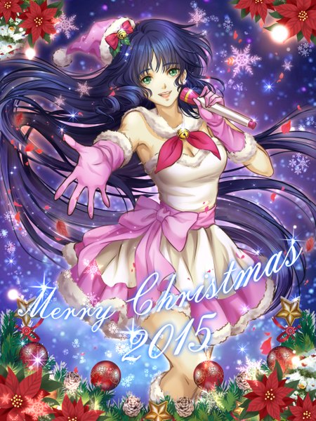 Anime picture 1920x2560 with macross macross: do you remember love? the super dimension fortress macross choujikuu yousai macross lynn minmay syrinxwell311 single tall image looking at viewer highres open mouth smile green eyes blue hair cleavage very long hair :d floating hair christmas outstretched hand