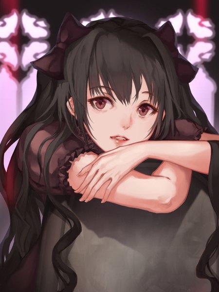 Anime picture 600x800 with original jname single long hair tall image looking at viewer fringe black hair red eyes twintails parted lips short sleeves crossed arms girl bow hair bow