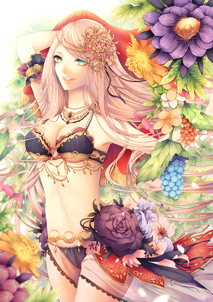 Anime picture 650x920 with original ragi (pluie) single long hair tall image looking at viewer light erotic smile standing green eyes pink hair traditional clothes arm up thighs happy eyebrows girl hair ornament underwear panties
