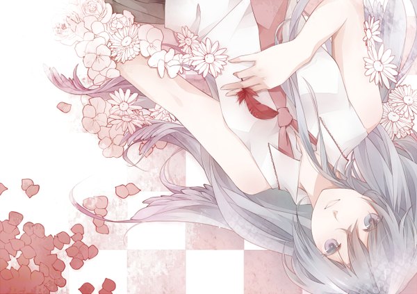 Anime picture 2800x1975 with vocaloid hatsune miku sekiyu single long hair highres open mouth twintails grey hair grey eyes girl flower (flowers) petals necktie feather (feathers)