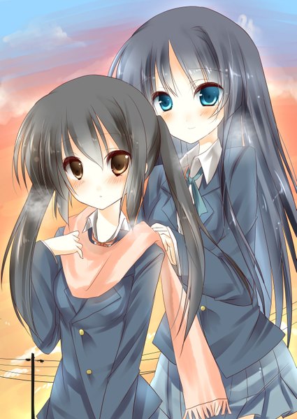 Anime picture 2149x3035 with k-on! kyoto animation akiyama mio nakano azusa amane ruri long hair tall image blush highres blue eyes black hair twintails multiple girls brown eyes girl uniform 2 girls school uniform scarf