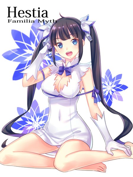 Anime picture 1500x1999 with dungeon ni deai wo motomeru no wa machigatteiru darou ka j.c. staff hestia (danmachi) zoff (daria) single long hair tall image breasts open mouth blue eyes light erotic black hair large breasts white background twintails payot cleavage :d barefoot character names