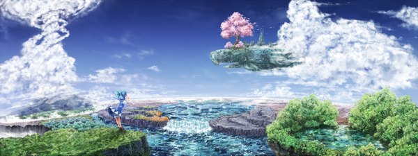 Anime picture 3000x1125 with touhou cirno same (pixiv) highres wide image blue hair absurdres cloud (clouds) from behind cherry blossoms landscape scenic panorama girl dress bow hair bow water hairband blue dress