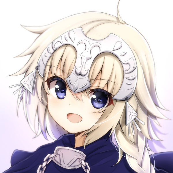 Anime picture 1000x1000 with fate (series) fate/grand order jeanne d'arc (fate) (all) jeanne d'arc (fate) himemiya shuang single long hair looking at viewer fringe open mouth simple background blonde hair hair between eyes purple eyes ahoge braid (braids) gradient background single braid portrait cute
