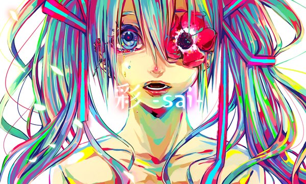 Anime picture 3000x1800 with vocaloid hatsune miku akiakane single long hair highres open mouth wide image twintails bare shoulders multicolored hair tears portrait multicolored eyes girl flower (flowers)