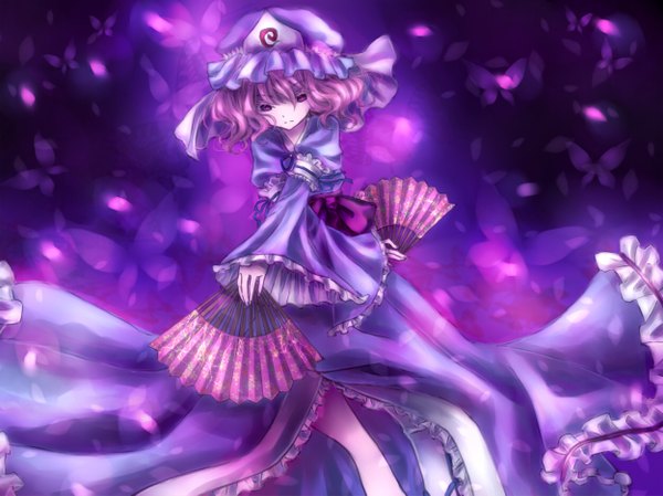 Anime picture 1250x937 with touhou saigyouji yuyuko yuina red eyes pink hair girl hat insect butterfly fan
