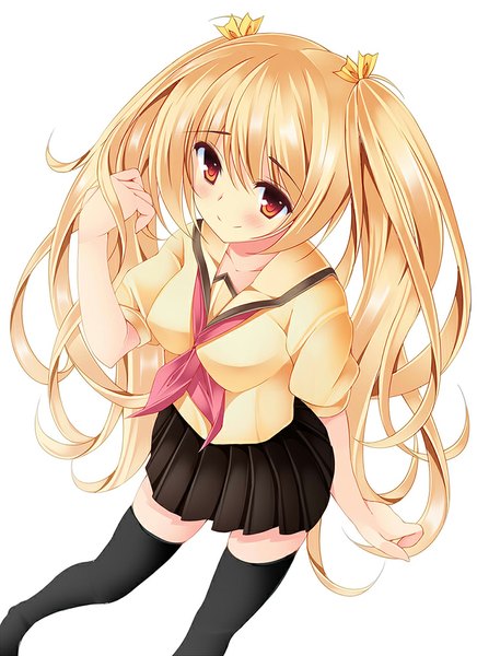 Anime picture 728x1000 with original azure (capriccio) single long hair tall image blush simple background blonde hair smile red eyes white background twintails girl thighhighs skirt black thighhighs serafuku