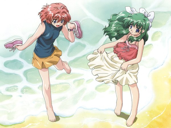 Anime picture 1280x960 with onegai twins onodera karen miyafuji miina long hair short hair blue eyes standing multiple girls red hair barefoot green hair wind beach soles girl skirt bow ribbon (ribbons) 2 girls hair bow