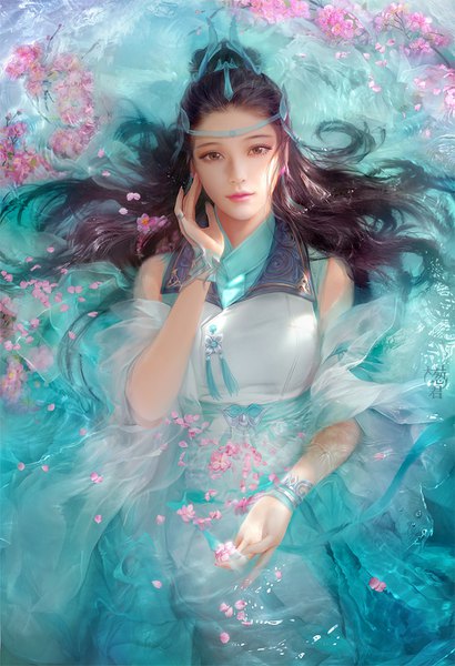 Anime picture 950x1388 with yojyo single long hair tall image looking at viewer brown hair brown eyes signed lying head tilt from above lips sunlight partially submerged cherry blossoms hand on cheek girl hair ornament detached sleeves water