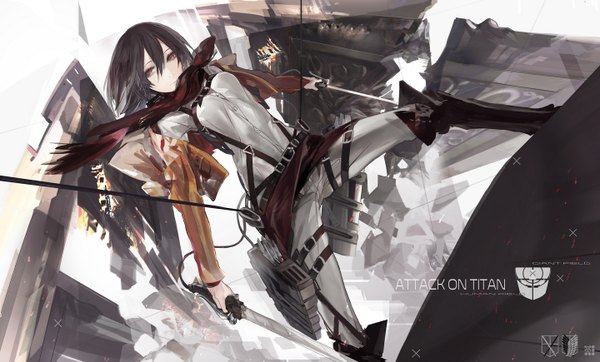 Anime picture 1440x870 with shingeki no kyojin production i.g mikasa ackerman kiwamu single short hair black hair wide image holding brown eyes open clothes open jacket dual wielding girl weapon sword boots belt scarf thigh strap