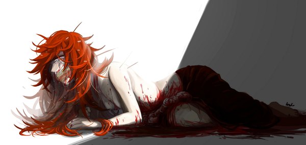 Anime picture 2000x948 with happy tree friends flaky leaf (artist) single long hair highres wide image red hair tears reclining personification guro girl blood