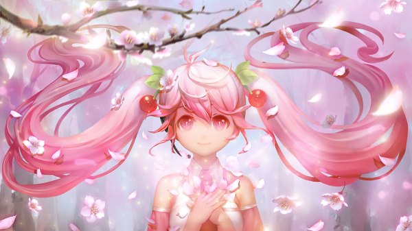 Anime picture 1200x675 with vocaloid hatsune miku sakura miku orry single looking at viewer fringe smile wide image twintails bare shoulders pink hair very long hair pink eyes hair flower cherry blossoms girl hair ornament flower (flowers) plant (plants)