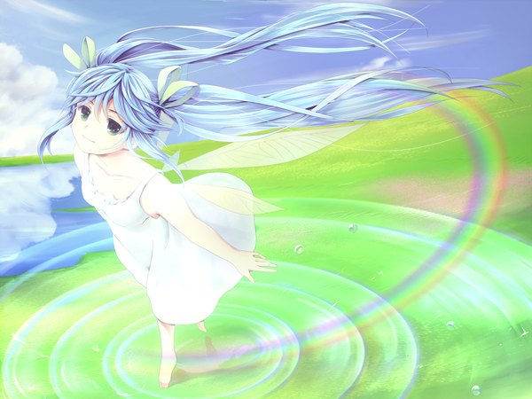Anime picture 1200x900 with vocaloid hatsune miku chimuchimu (drowandpaint) single looking at viewer blue eyes twintails blue hair sky cloud (clouds) very long hair girl dress ribbon (ribbons) hair ribbon wings sundress rainbow