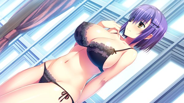 Anime picture 1280x720 with umisora no fragments yuuri nishinomiya single short hair breasts light erotic wide image large breasts brown eyes game cg purple hair underwear only girl navel underwear panties lingerie bra