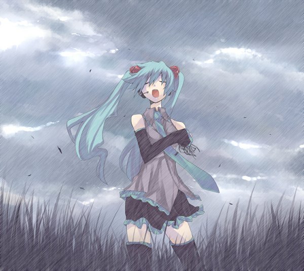 Anime picture 1140x1020 with vocaloid hatsune miku single long hair twintails blue hair eyes closed wind aqua hair rain singing broken girl thighhighs detached sleeves necktie robot android