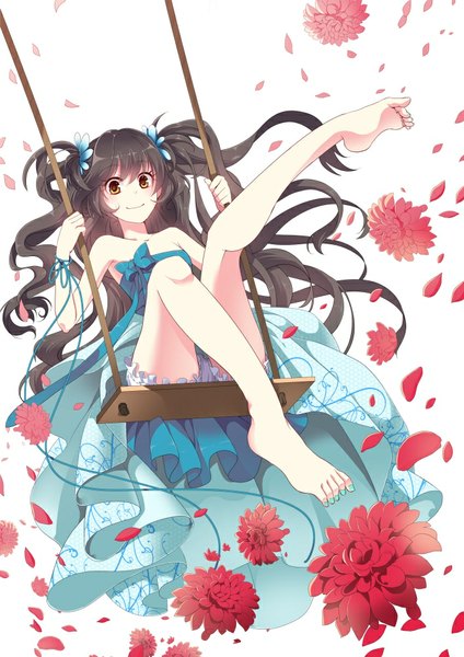 Anime picture 707x1000 with original hiiro (kikokico) single long hair tall image black hair simple background smile white background brown eyes bent knee (knees) barefoot bare legs legs girl dress flower (flowers) bow petals frills