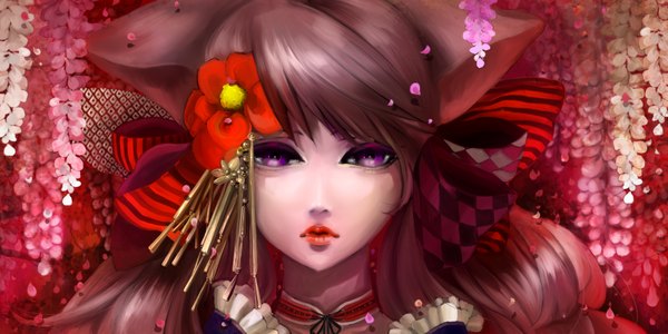 Anime picture 2000x1000 with otome youkai zakuro j.c. staff zakuro (otome youkai zakuro) hebi (yurari) long hair highres brown hair wide image purple eyes animal ears hair flower lips portrait girl hair ornament bow hair bow petals branch