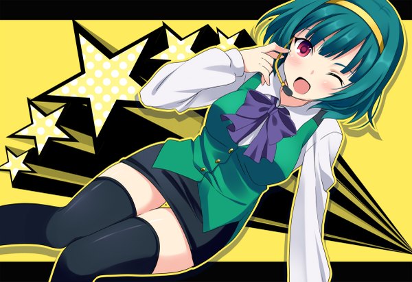 Anime picture 1200x825 with idolmaster otonashi kotori kyu (sawsusg) single short hair open mouth red eyes one eye closed green hair wink girl thighhighs bow black thighhighs hairband star (symbol) microphone