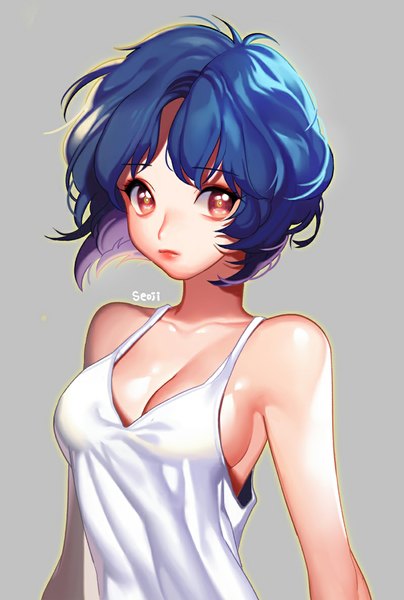 Anime picture 800x1187 with ranma 1/2 tendou akane seoji single tall image short hair breasts simple background bare shoulders brown eyes blue hair looking away grey background no bra girl tank top
