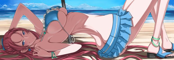 Anime picture 2883x1000 with valkyria chronicles juliana eberhardt honjou raita single long hair looking at viewer highres breasts blue eyes light erotic wide image large breasts pink hair lying very long hair official art shadow sweat beach sand