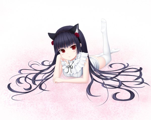 Anime picture 1280x1024 with ore no imouto ga konna ni kawaii wake ga nai gokou ruri noron (artist) long hair black hair simple background red eyes white background animal ears cat ears loli girl thighhighs