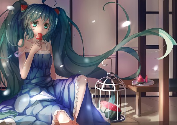 Anime picture 1053x744 with vocaloid hatsune miku teeth (artist) single looking at viewer sitting twintails very long hair aqua eyes aqua hair girl dress hair ornament food sundress berry (berries) cage watermelon